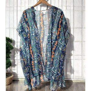Band of Gypsies Short Sleeve Kimono Boho Paisley Floral Print Blue Orange Sm/Med